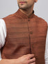 Vastramay Men's Coffee Matka Silk Nehru Jacket With White Silk Blend Kurta Pyjama Set
